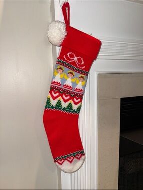 Vintage 1983 Hallmark Angels Hearts Bow Knit Red  Christmas Stocking Pom Pom